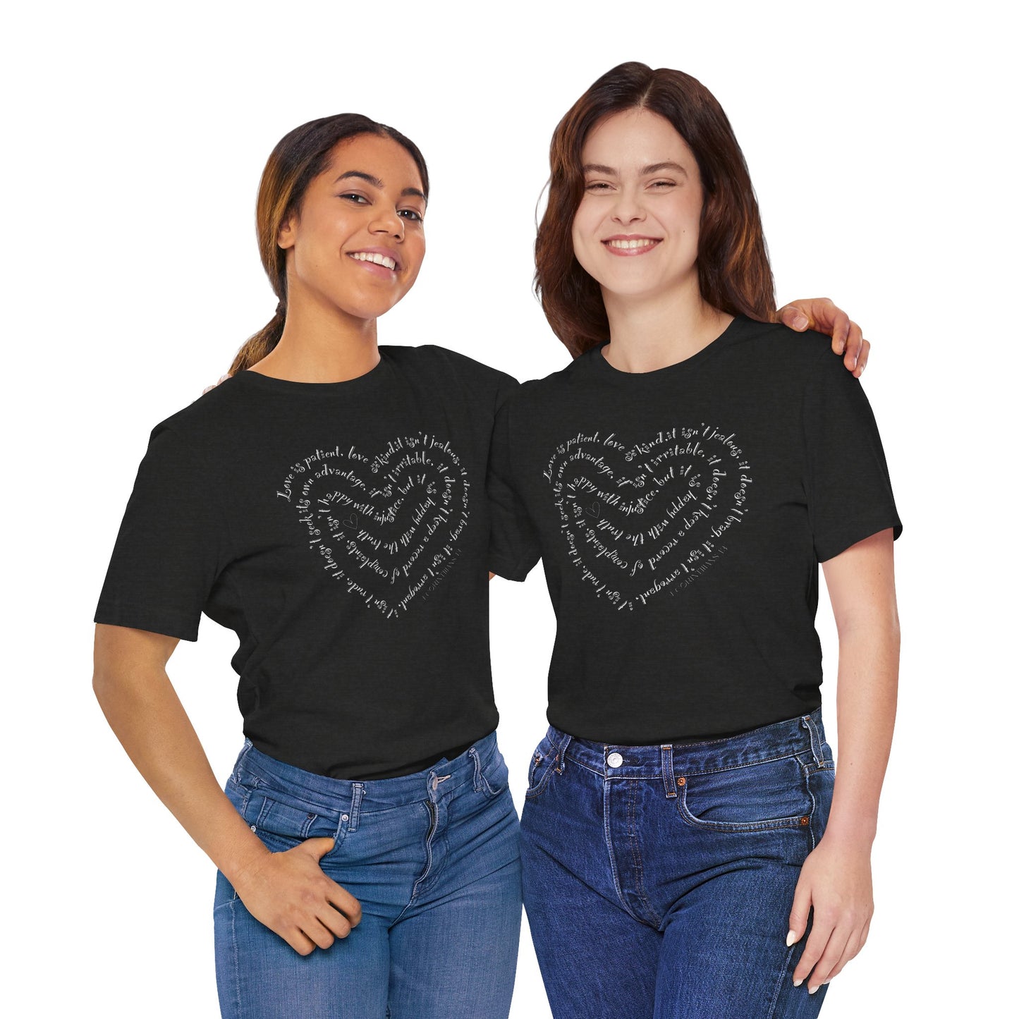 Ladies 1 Corinthians 13 Heart Script T-Shirt — Love Bible Verse Tee