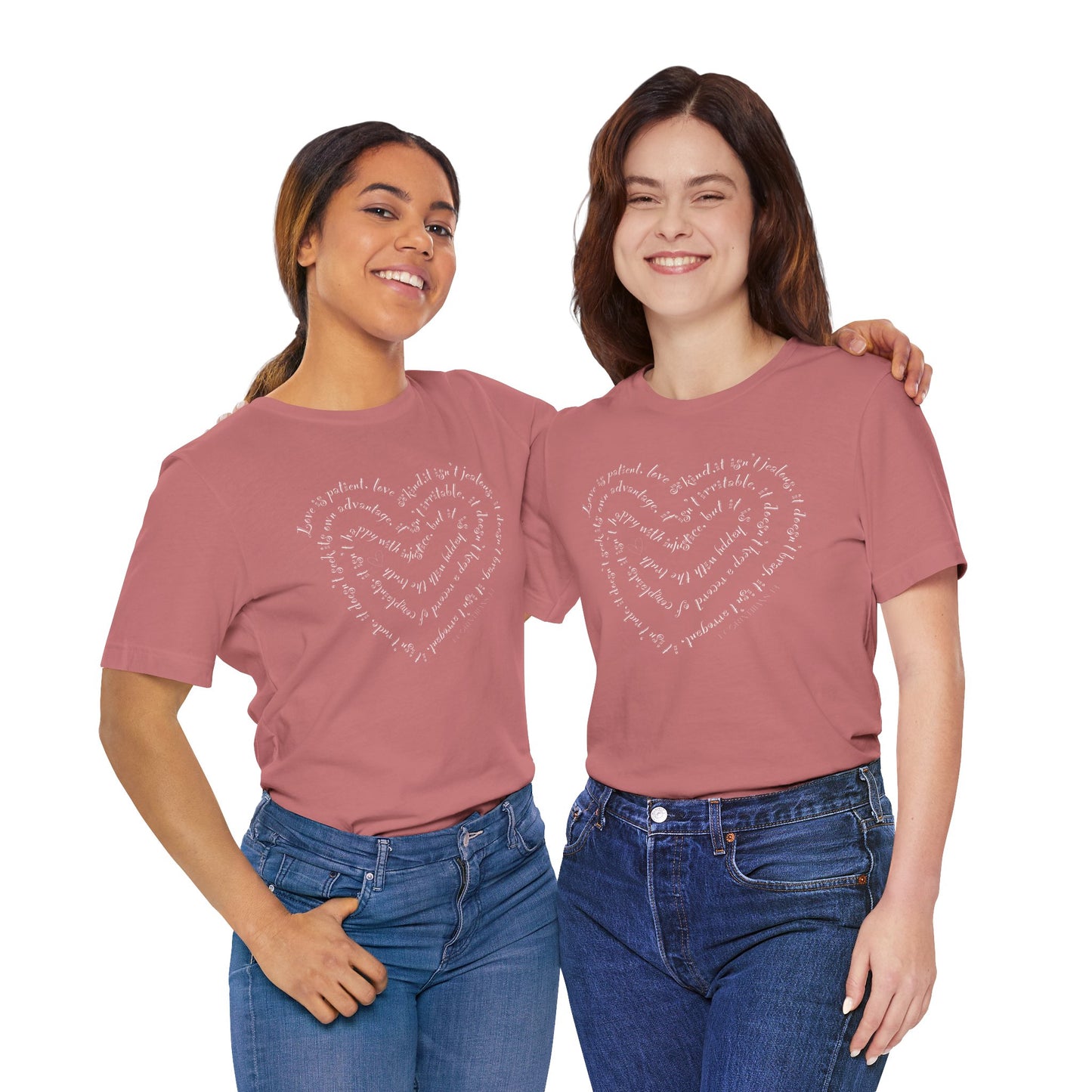 Ladies 1 Corinthians 13 Heart Script T-Shirt — Love Bible Verse Tee