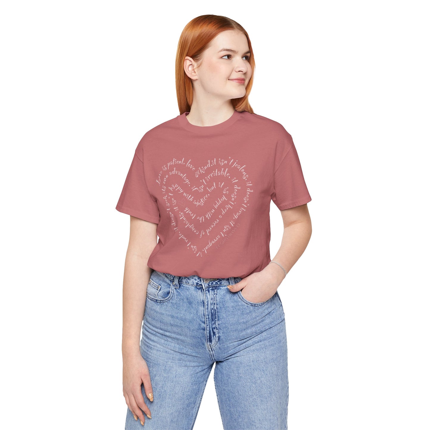 Ladies 1 Corinthians 13 Heart Script T-Shirt — Love Bible Verse Tee