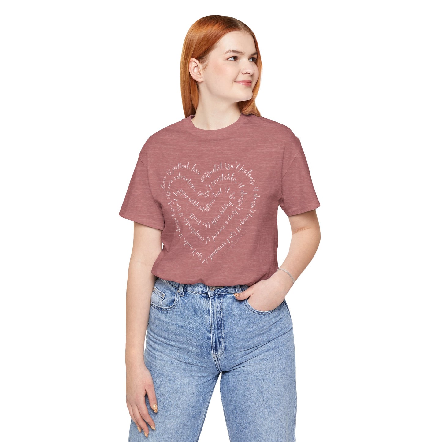 Ladies 1 Corinthians 13 Heart Script T-Shirt — Love Bible Verse Tee