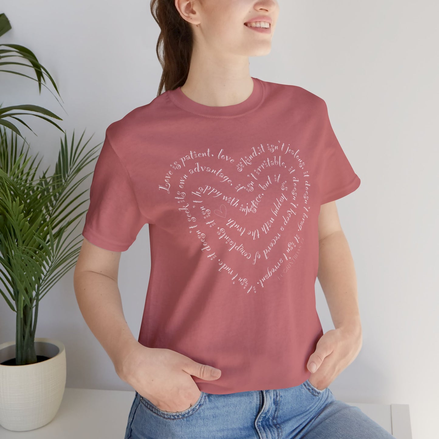 Ladies 1 Corinthians 13 Heart Script T-Shirt — Love Bible Verse Tee