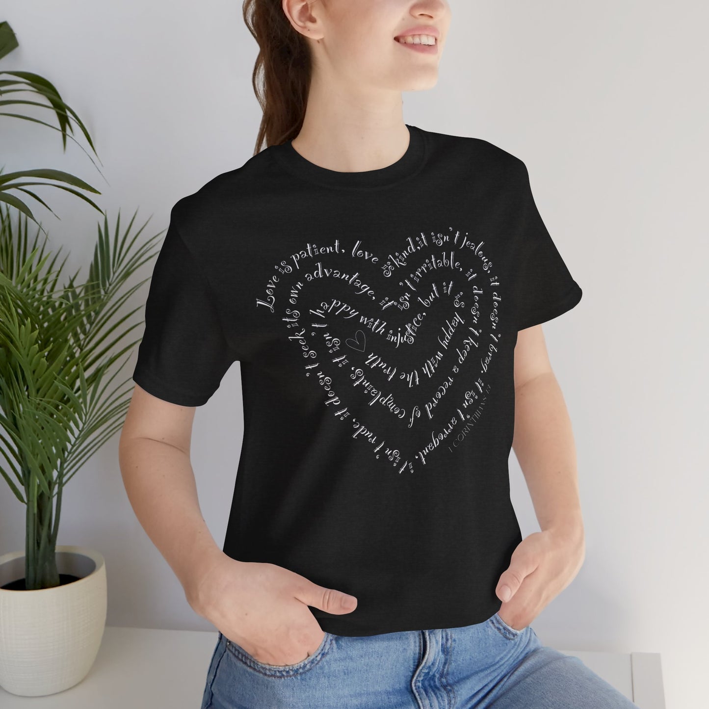 Ladies 1 Corinthians 13 Heart Script T-Shirt — Love Bible Verse Tee