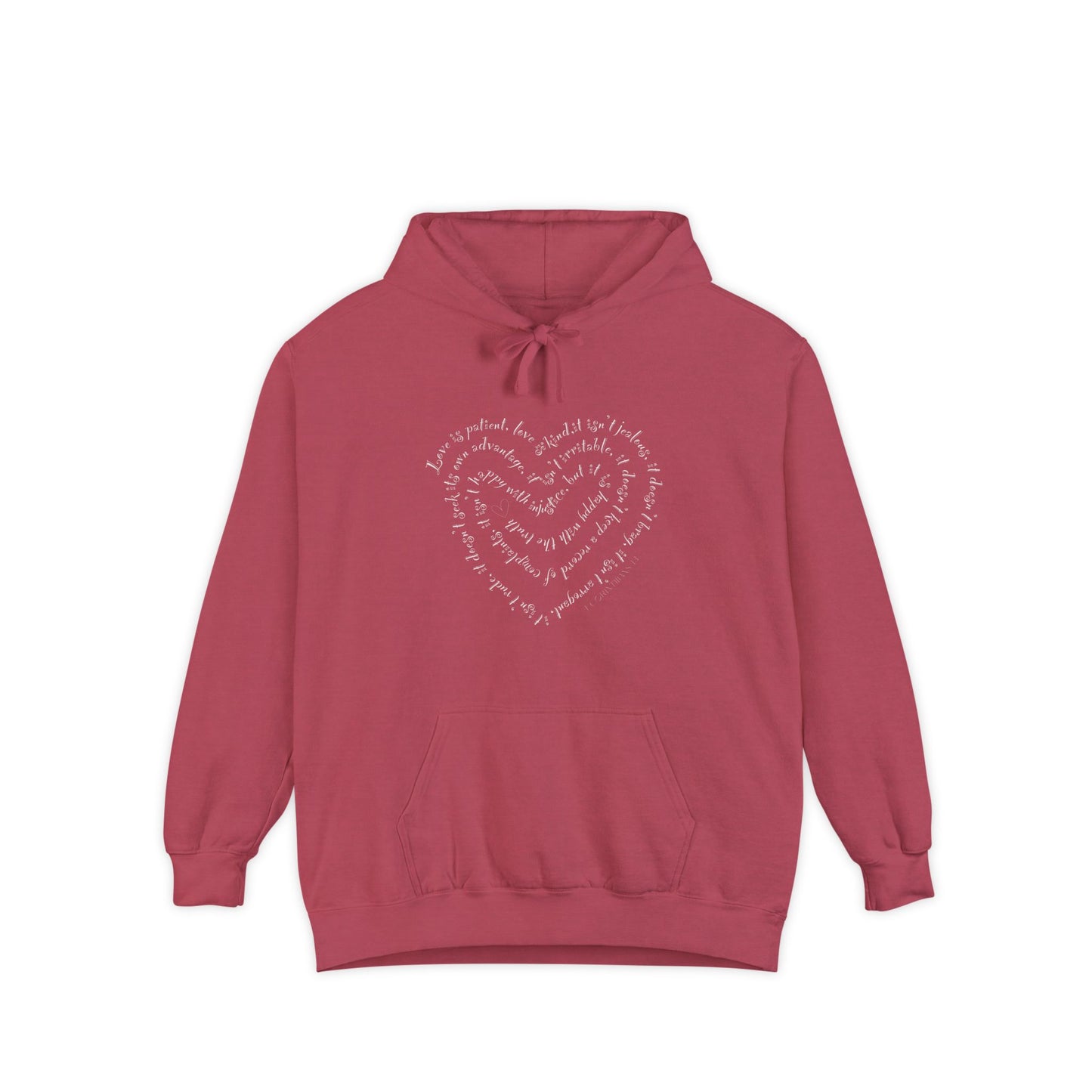 Ladies 1 Corinthians 13 Heart Script Hoodie — Love Is Patient Garment-Dyed Hoodie