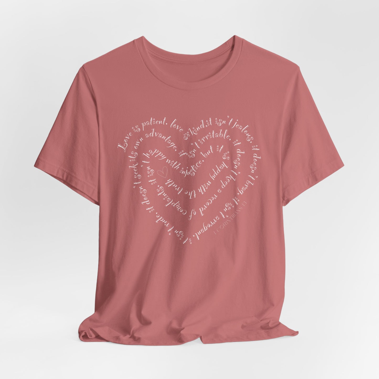 Ladies 1 Corinthians 13 Heart Script T-Shirt — Love Bible Verse Tee
